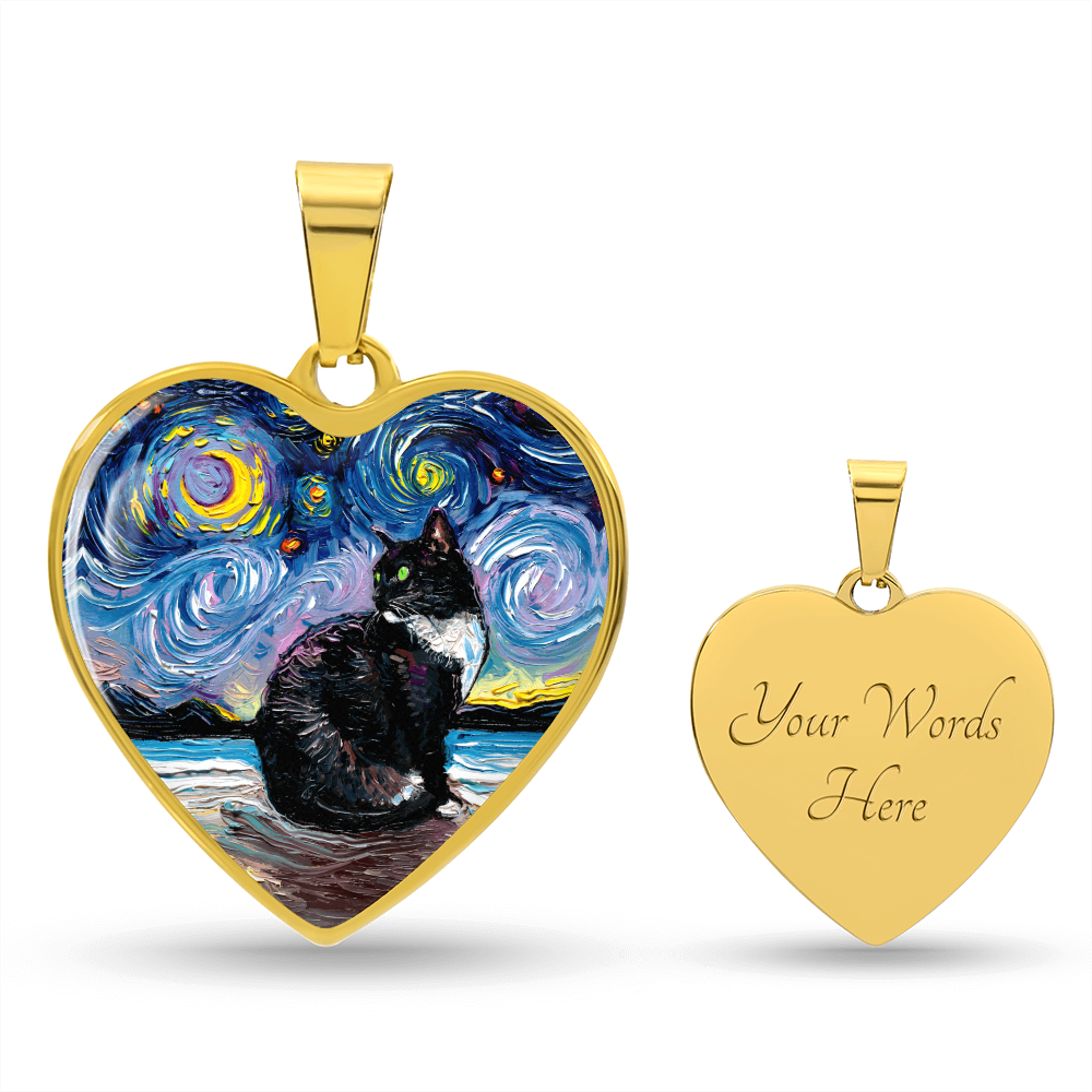 Tuxedo Cat with Green Eyes Starry Night Heart Necklace