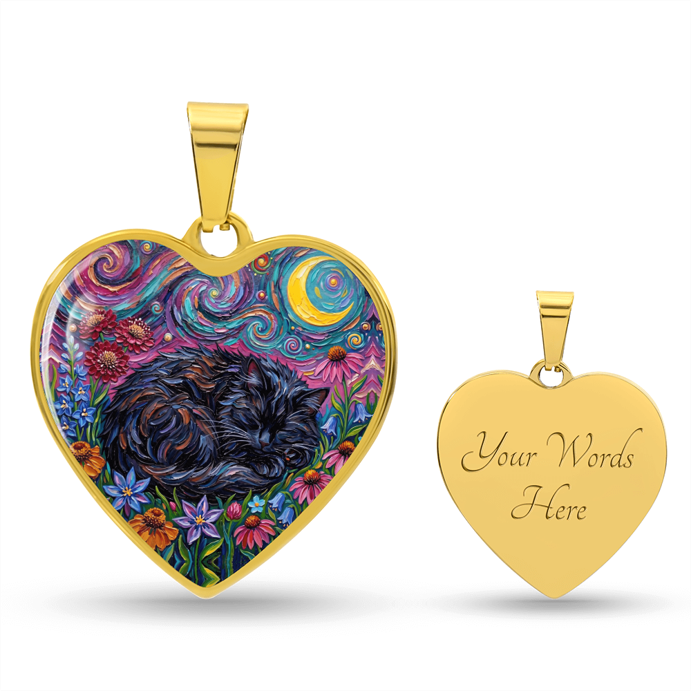 Amongst The Flowers - Sleepy Black Cat Heart Necklace