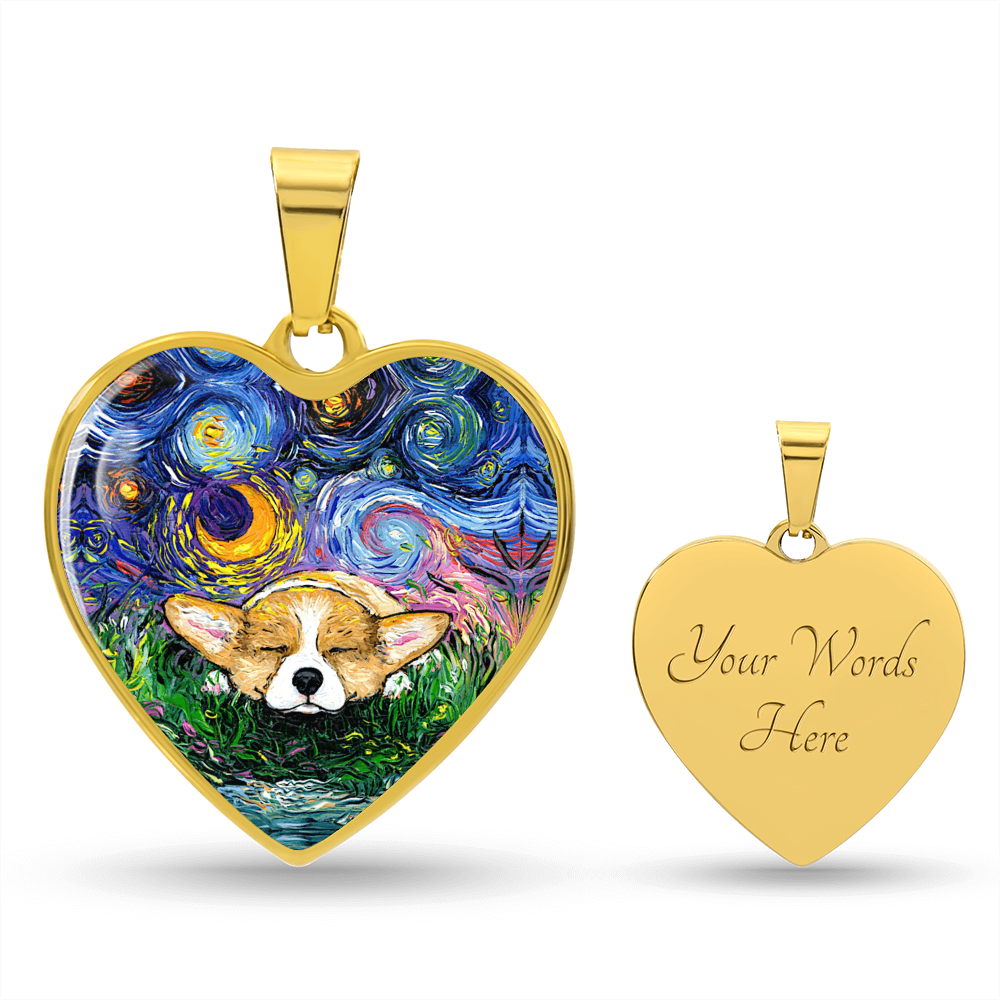 Sleeping Corgi Starry Night Heart Necklace