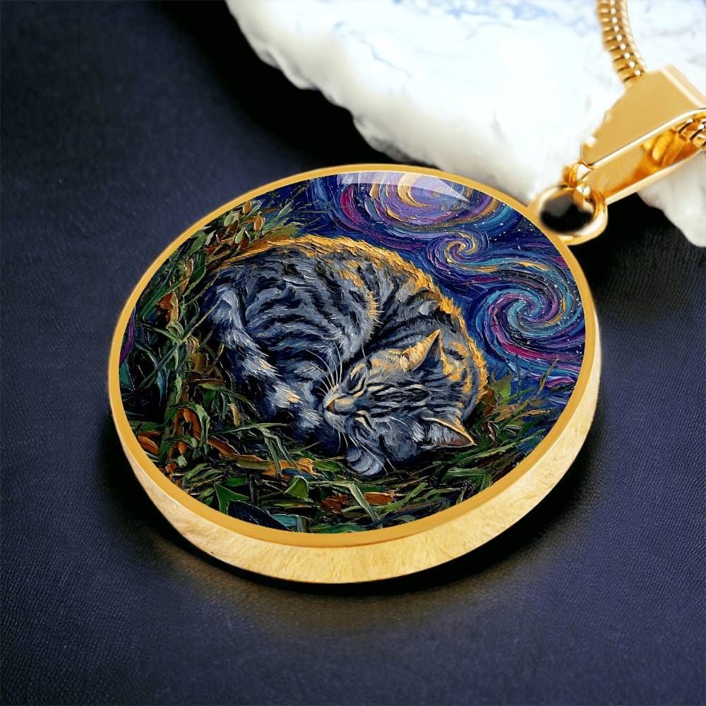 Sleepy American Shorthair Tabby Round Necklace