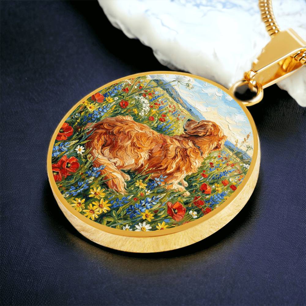 Amongst The Flowers - Golden Retriever Round Necklace