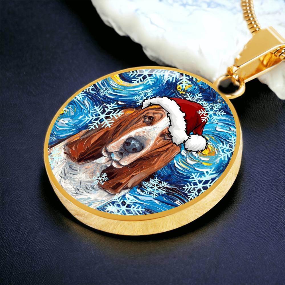Basset Hound In Santa Hat Starry Night Round Necklace.