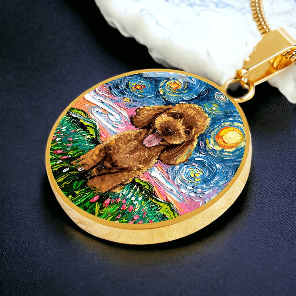 Apricot Poodle Puppy Starry Night Round Necklace