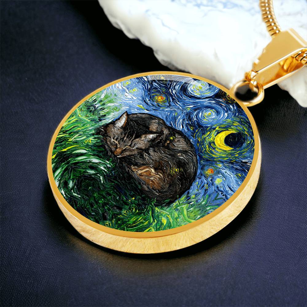 Sleeping Brown Tabby Starry Night Round Necklace