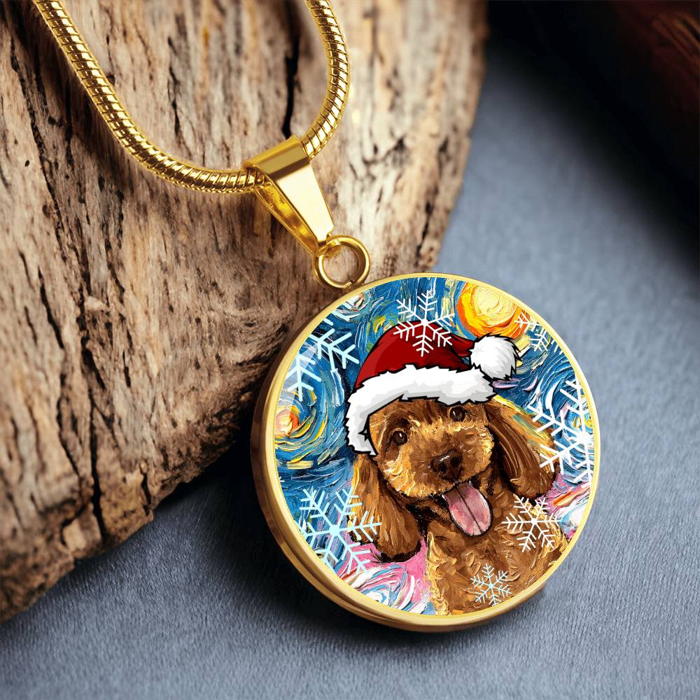 Apricot Poodle In Santa Hat Starry Night Round Necklace