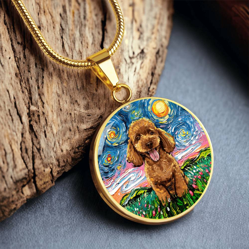 Apricot Poodle Puppy Starry Night Round Necklace