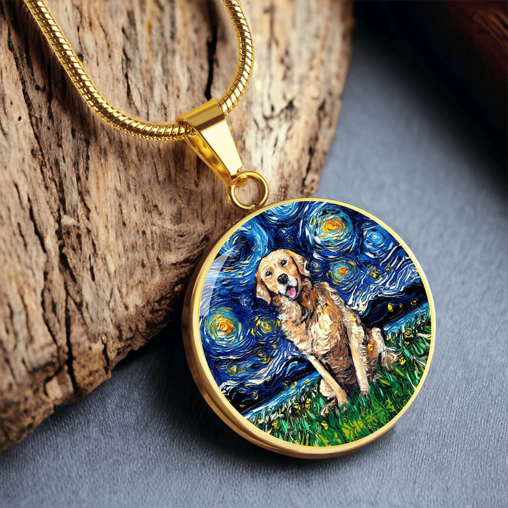 Golden Retriever Starry Night Round Necklace