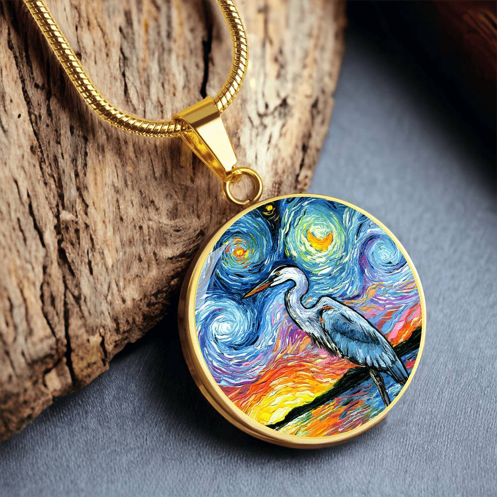 Blue Heron Starry Night Round Necklace