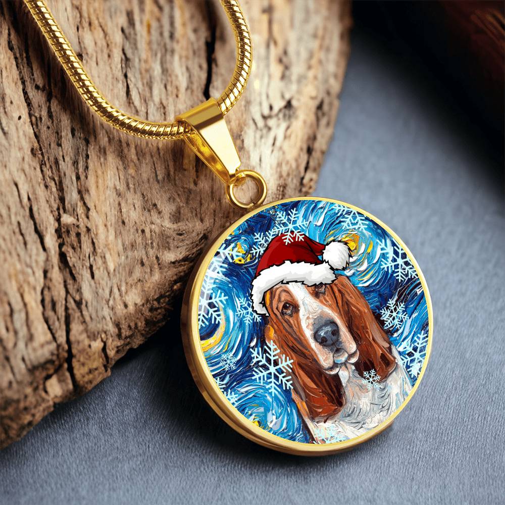 Basset Hound In Santa Hat Starry Night Round Necklace.