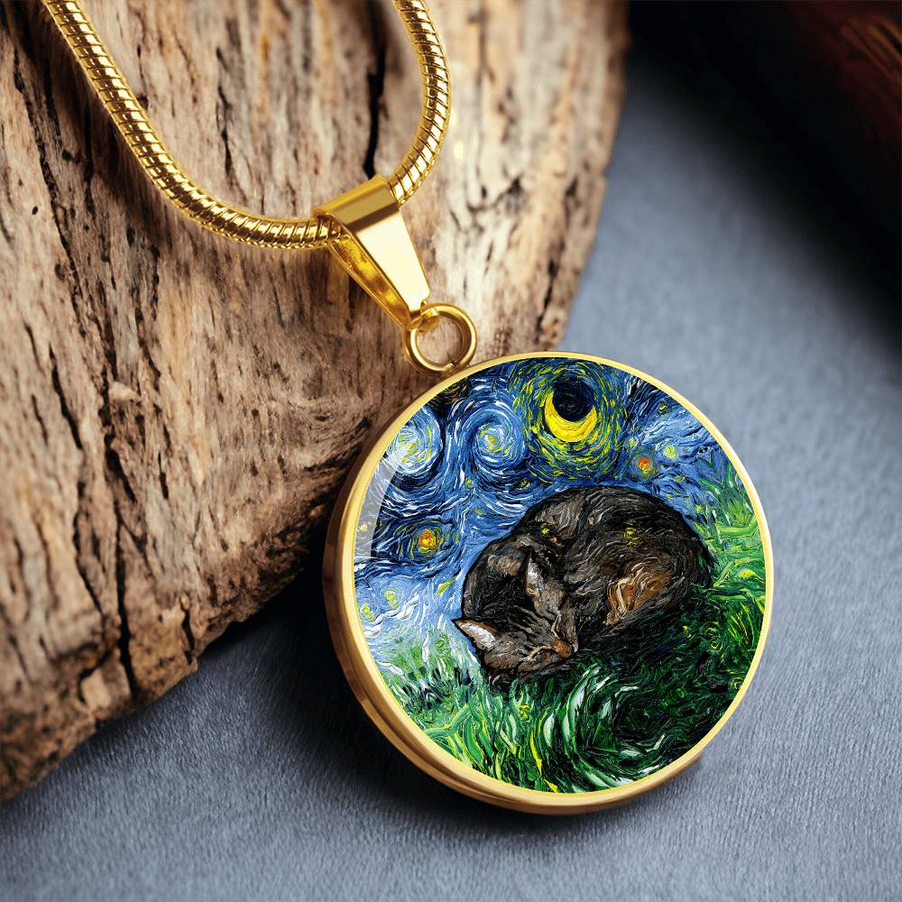 Sleeping Brown Tabby Starry Night Round Necklace