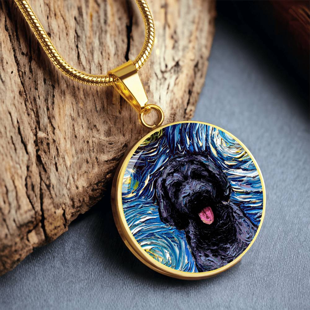 Black Goldendoodle Portrait Starry Night Round Necklace