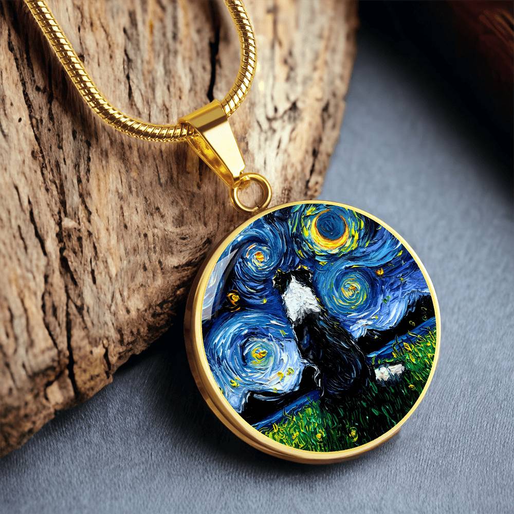 Border Collie Back Starry Night Round Necklace