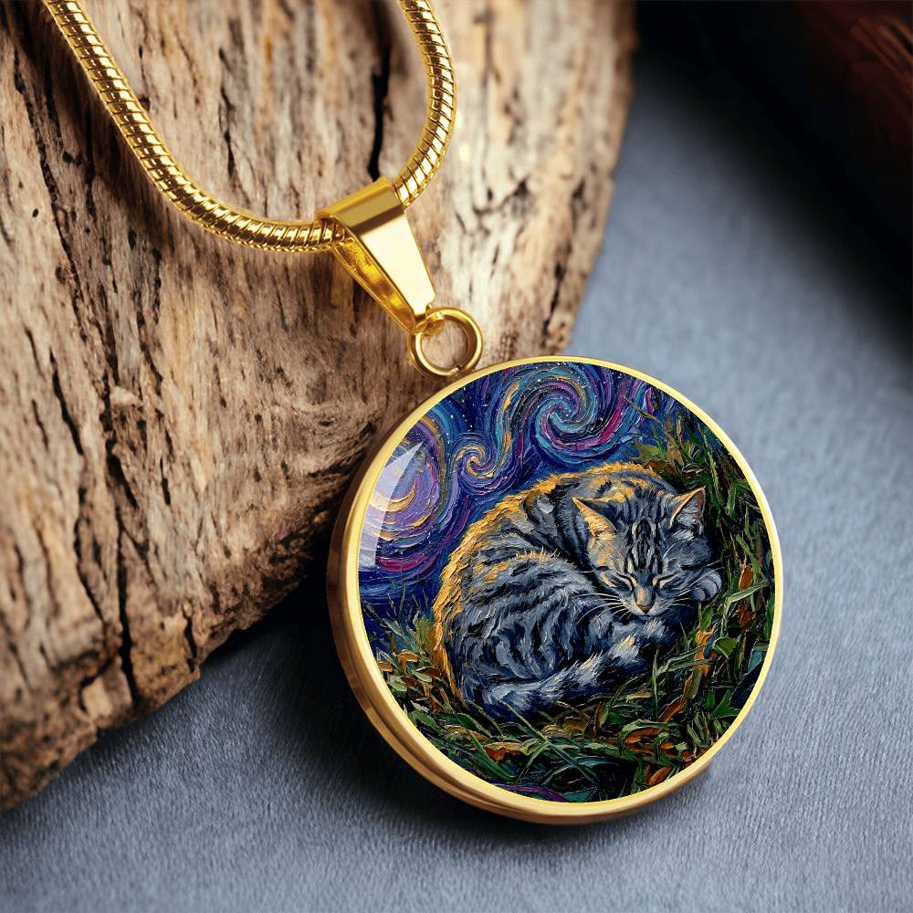 Sleepy American Shorthair Tabby Round Necklace
