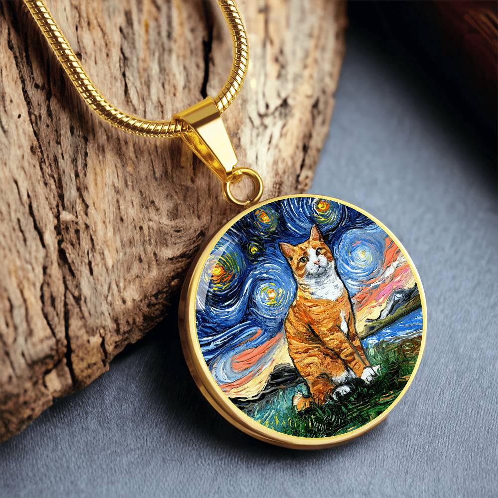 Orange Tuxedo Tabby Starry Night Round Pendant