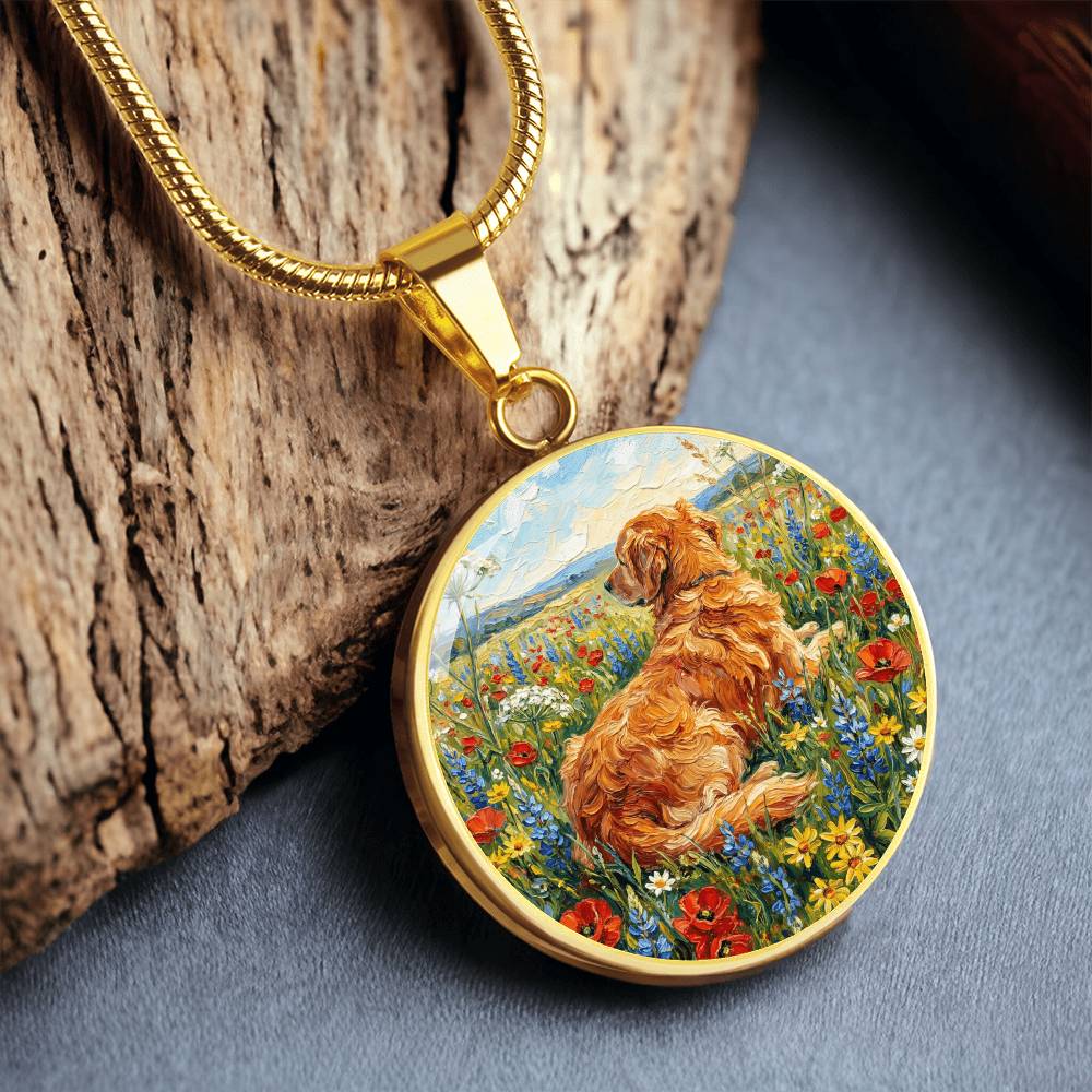 Amongst The Flowers - Golden Retriever Round Necklace