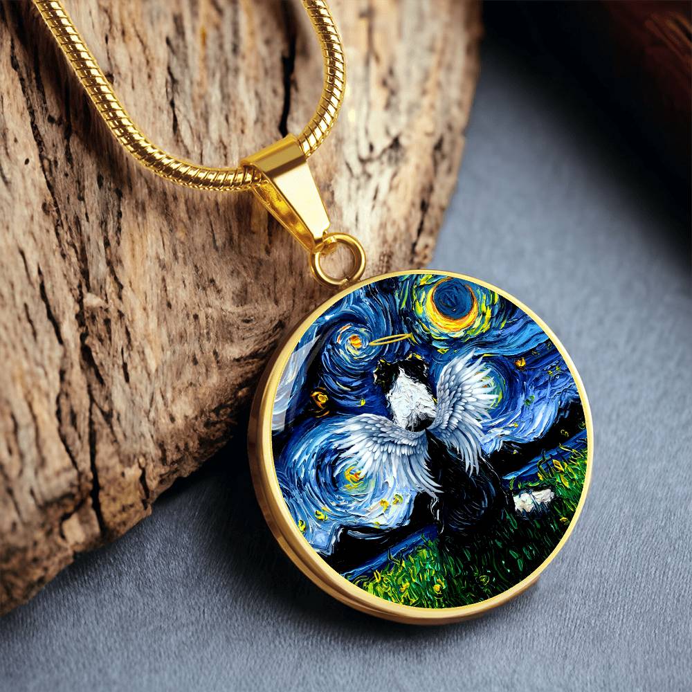 Angel Border Collie Starry Night Round Necklace