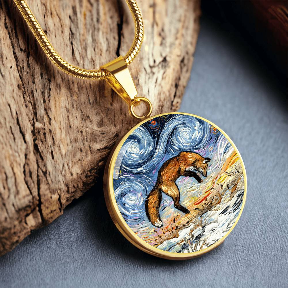 Pounce Jumping Fox Starry Night Round Necklace
