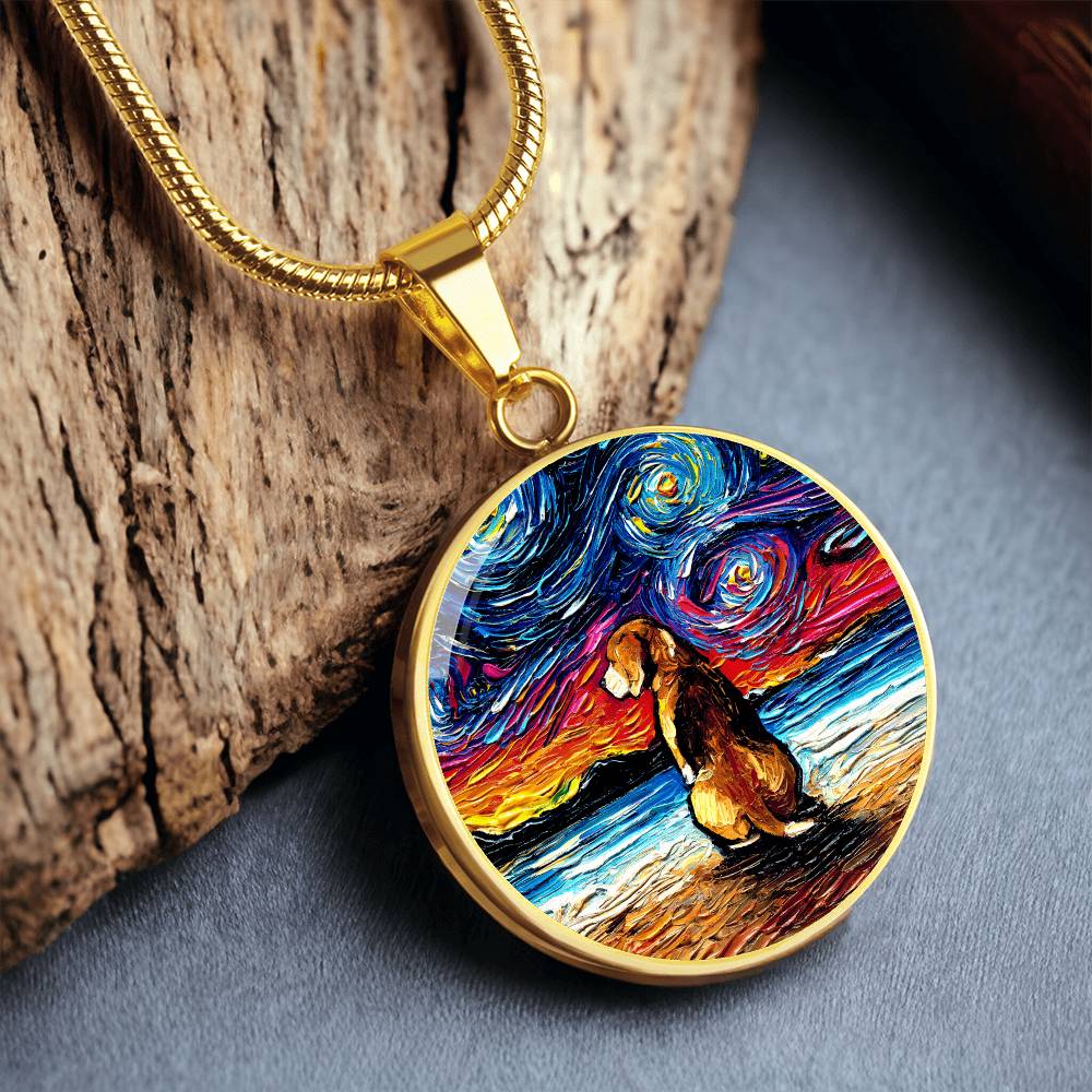 Beagle at the Beach Starry Night Round Necklace