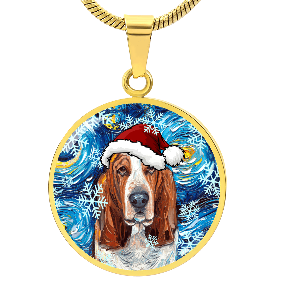 Basset Hound In Santa Hat Starry Night Round Necklace.