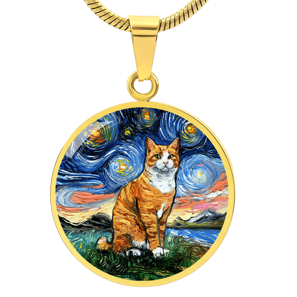 Orange Tuxedo Tabby Starry Night Round Pendant