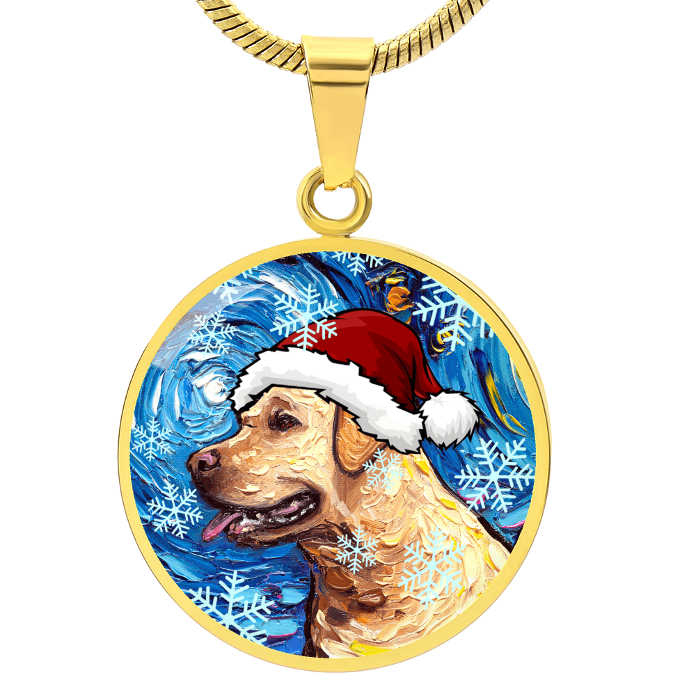 Yellow Labrador In Santa Hat Starry Night Round Necklace