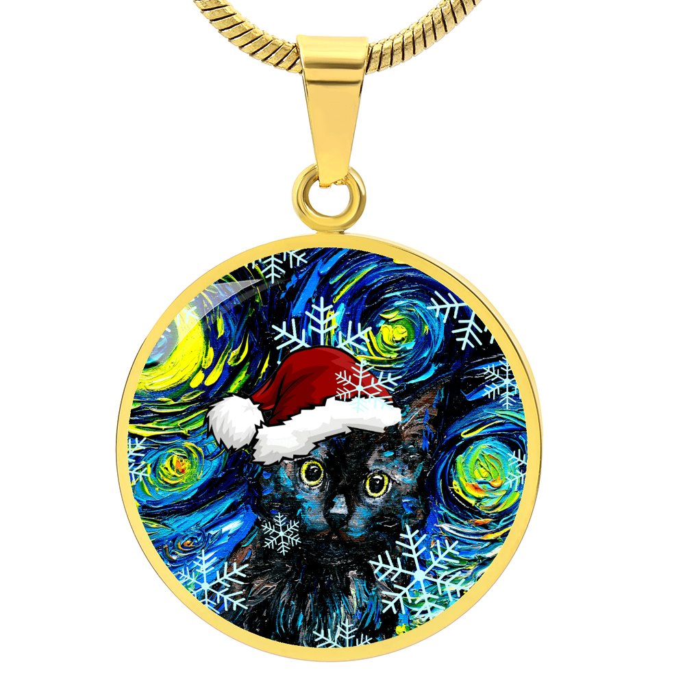 Black Cat In Santa Hat Starry Night Round Necklace