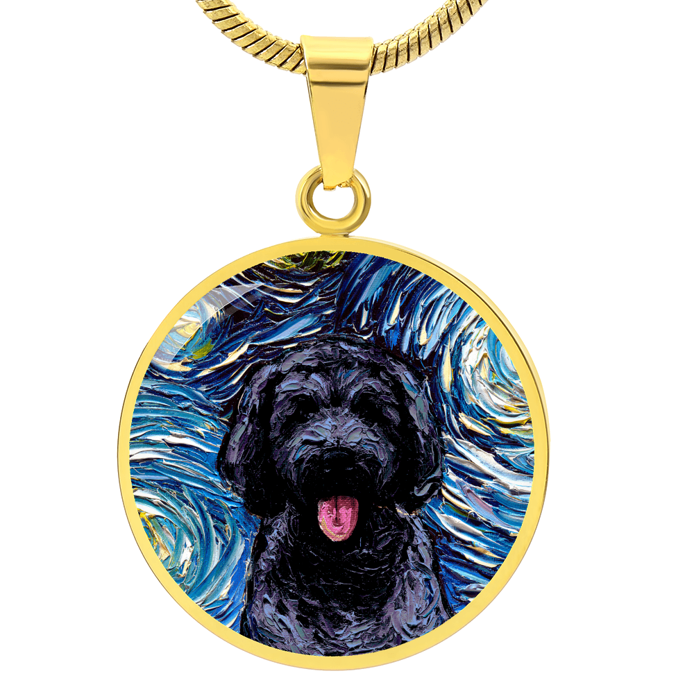 Black Goldendoodle Portrait Starry Night Round Necklace