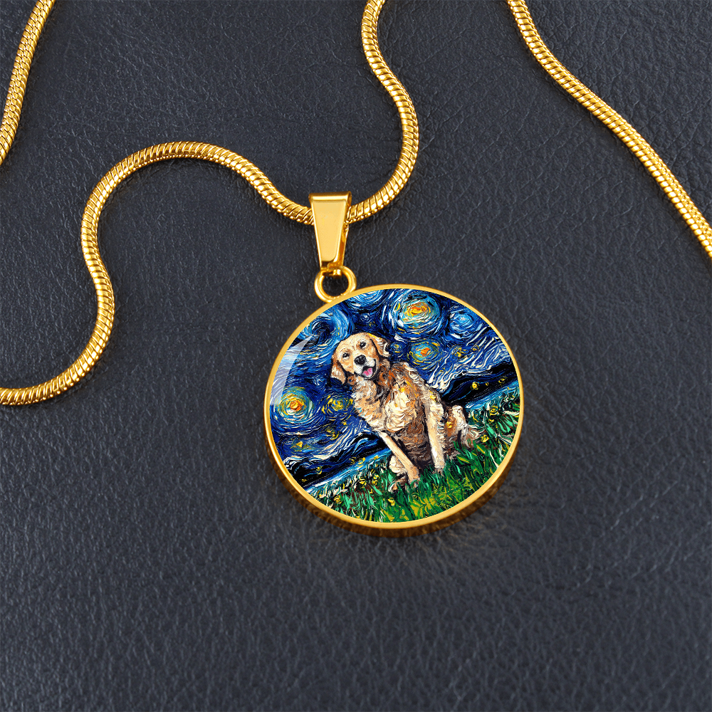 Golden Retriever Starry Night Round Necklace