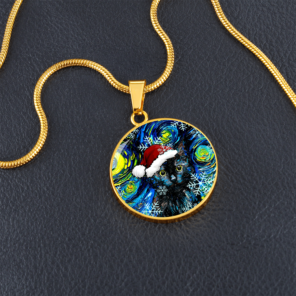 Black Cat In Santa Hat Starry Night Round Necklace