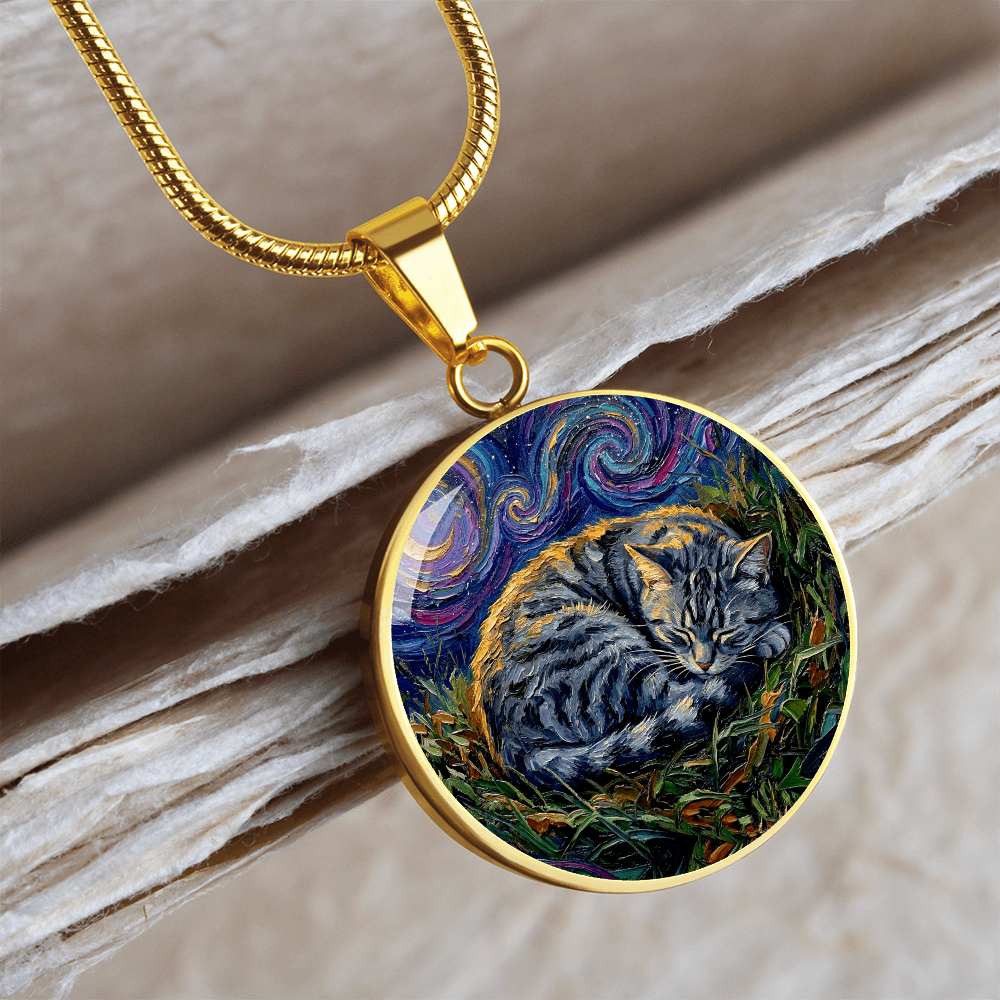 Sleepy American Shorthair Tabby Round Necklace