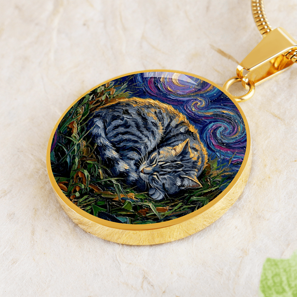 Sleepy American Shorthair Tabby Round Necklace