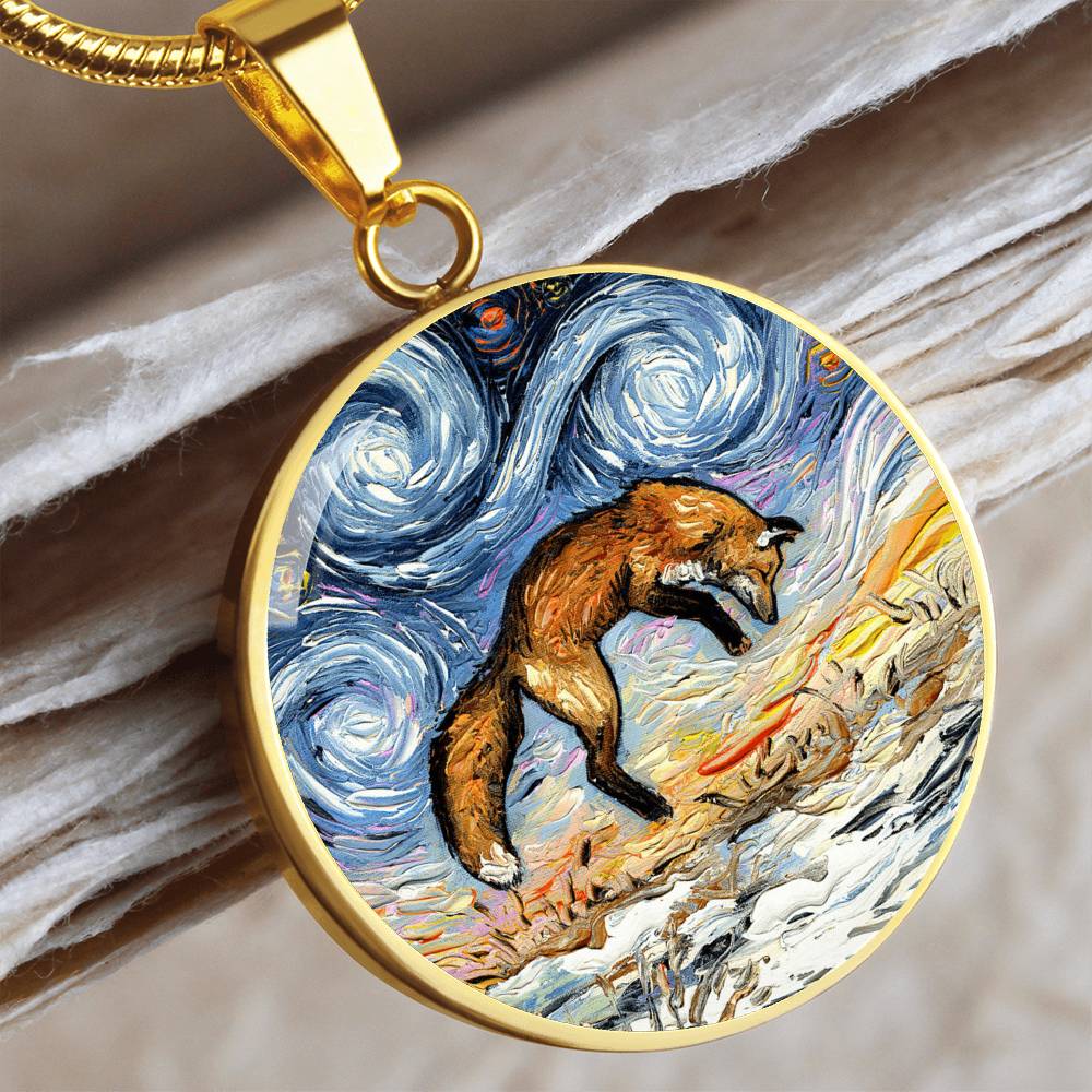 Pounce Jumping Fox Starry Night Round Necklace