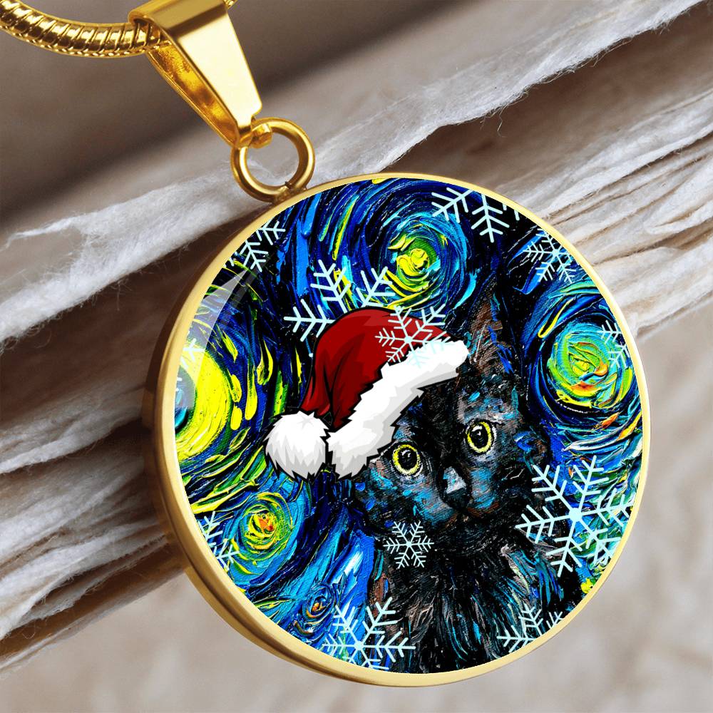 Black Cat In Santa Hat Starry Night Round Necklace
