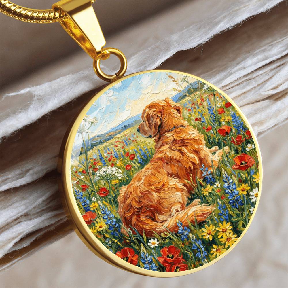 Amongst The Flowers - Golden Retriever Round Necklace
