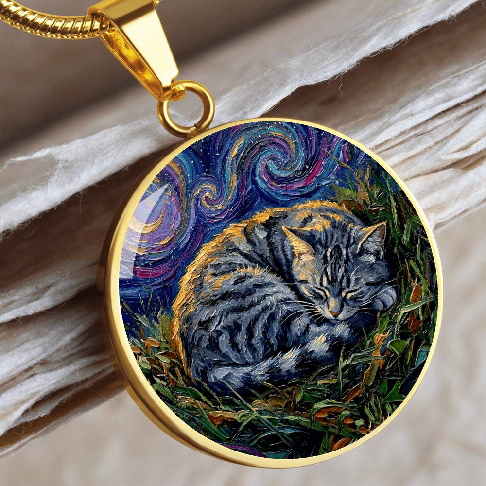 Sleepy American Shorthair Tabby Round Necklace
