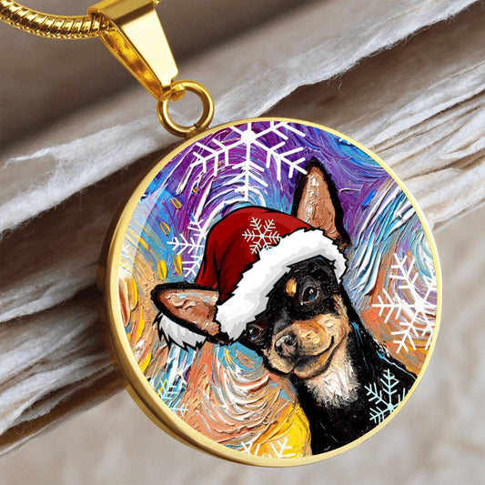 Black and Tan Chihuahua In Santa Hat Starry Night Round Necklace