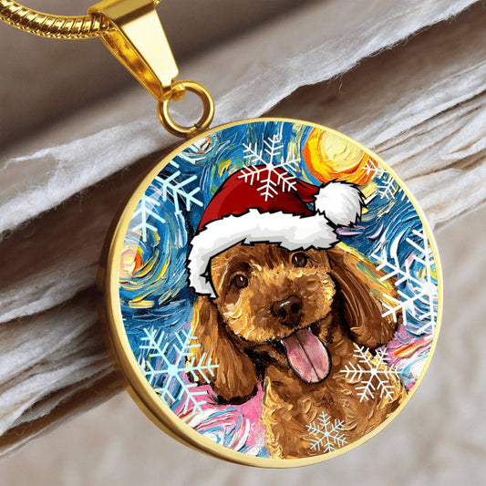 Apricot Poodle In Santa Hat Starry Night Round Necklace