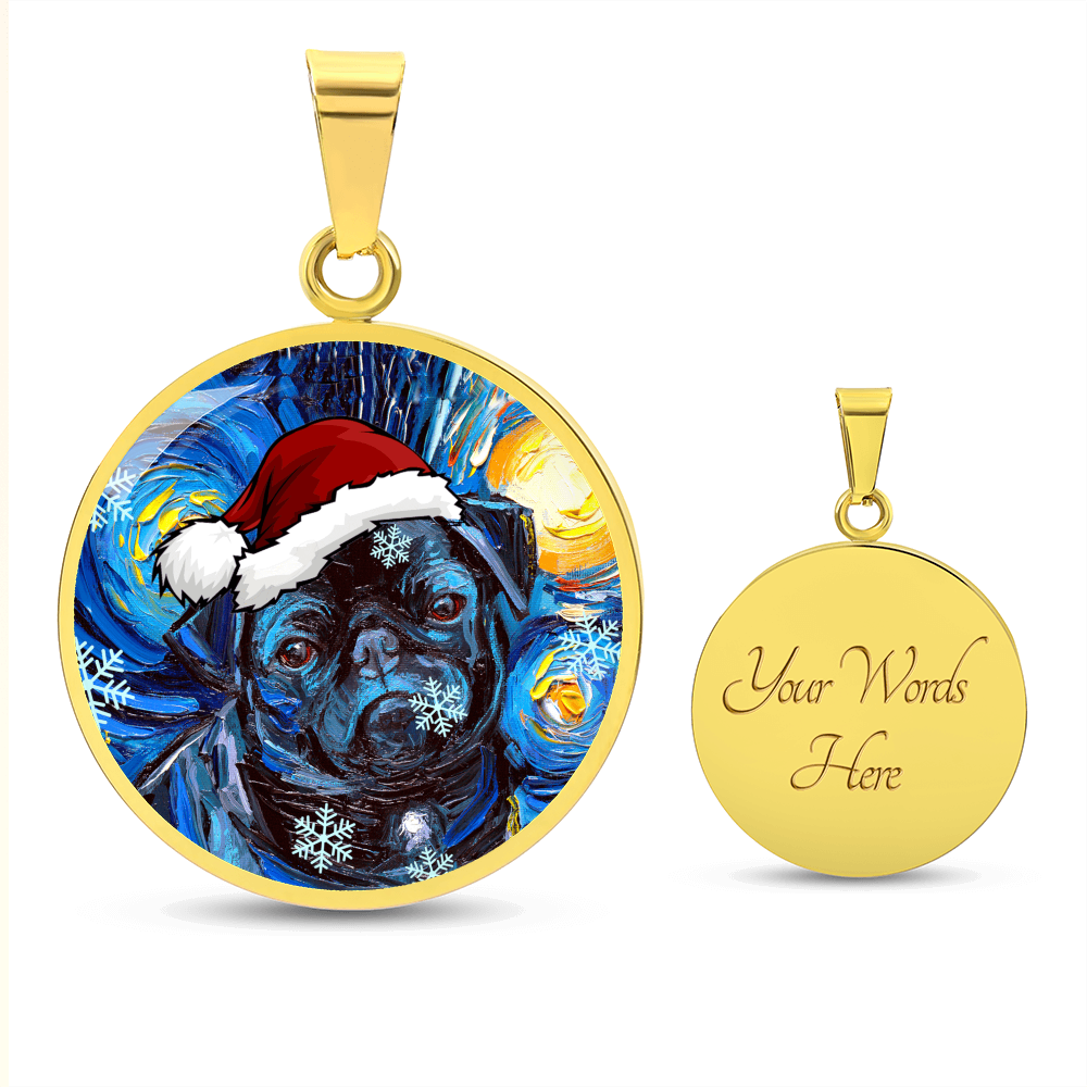 Santa Black Pug Starry Night Round Necklace