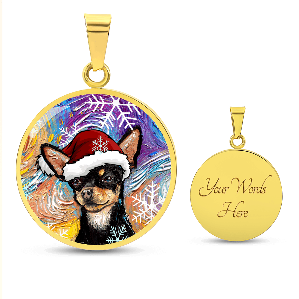 Black and Tan Chihuahua In Santa Hat Starry Night Round Necklace