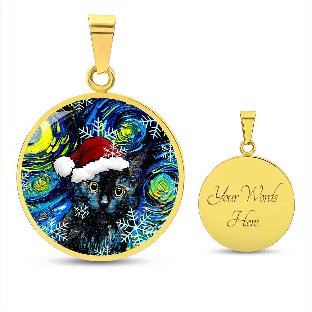 Black Cat In Santa Hat Starry Night Round Necklace