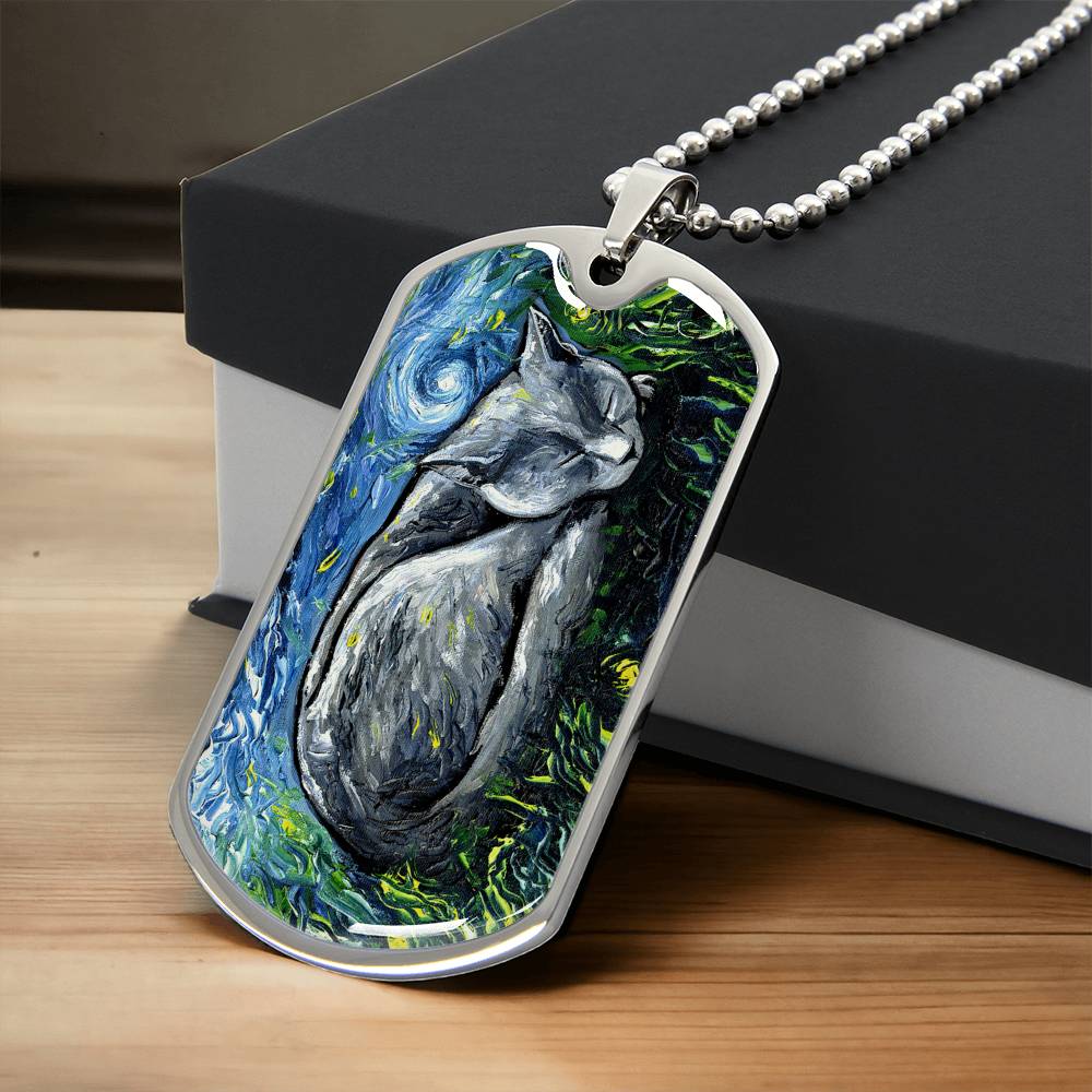 Russian Blue Cat Starry Night Dog Tag Necklace