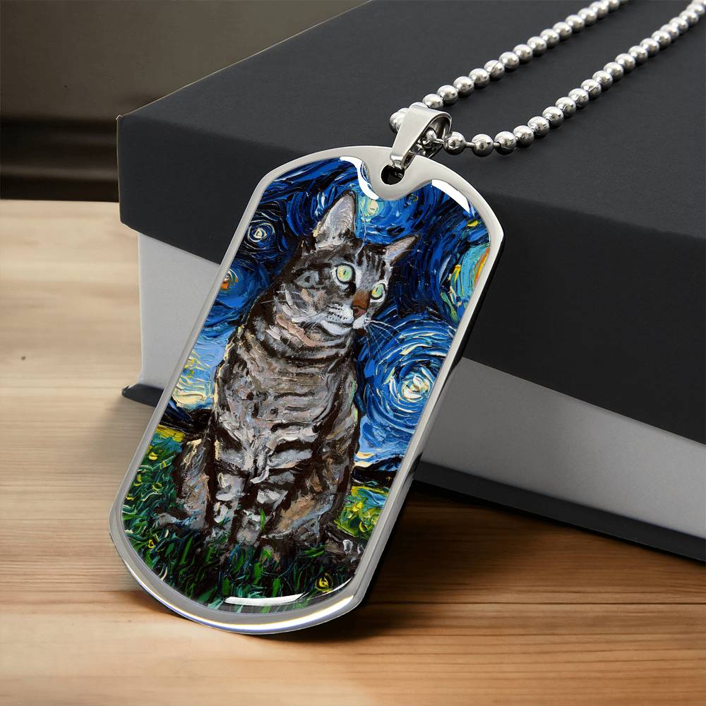 Tabby Cat Starry Night Dog Tag Keychain