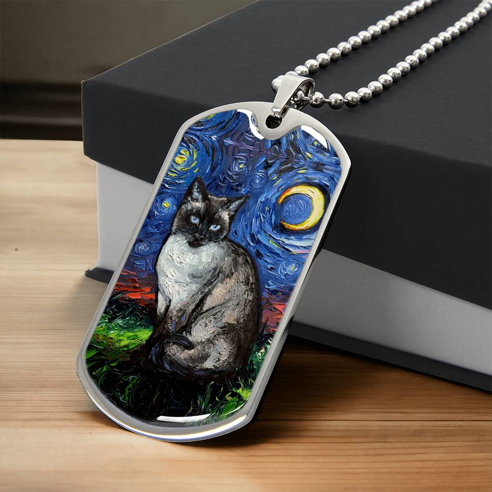 Siamese Cat Starry Night Dog Tag Necklace