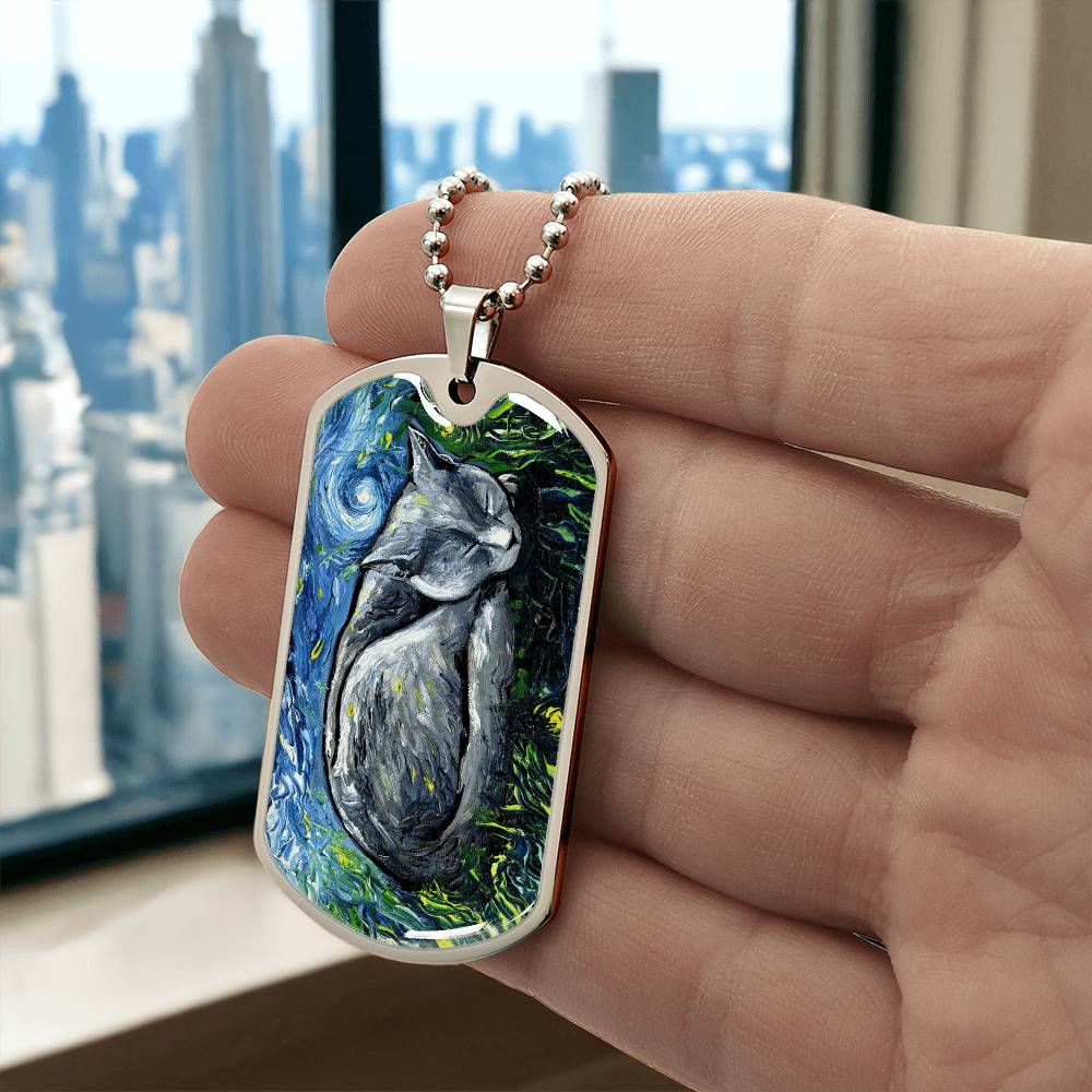 Russian Blue Cat Starry Night Dog Tag Necklace