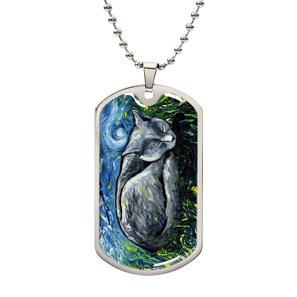 Russian Blue Cat Starry Night Dog Tag Necklace