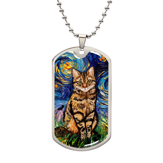 Brown Tabby Cat Starry Night Dog Tag Necklace