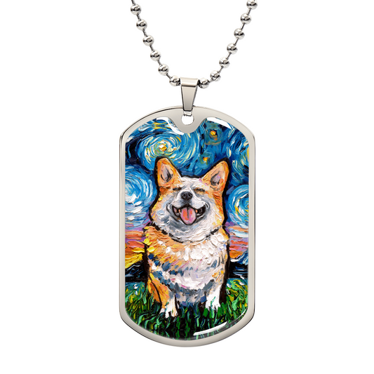 Smiling Corgi Starry Night Dog Tag Necklace