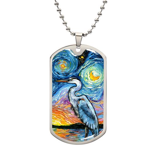 Blue Heron Starry Night Dog Tag Necklace