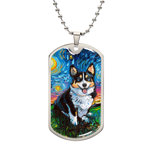 Tri Color Corgi Starry Night Dog Tag Necklace