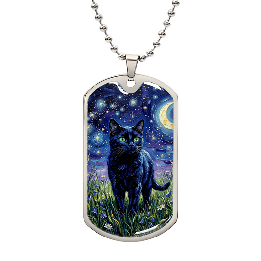 Amongst The Flowers - Black Cat Dog Tag Necklace